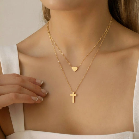 Layered Cross Necklace for Women Stainless Steel Gold Plated Dainty Open Heart Charm Pendant Double Strand Chain Choker Minimalist Christian Faith Religious Amulet Trendy Jewelry Gift for Her Girlfriend