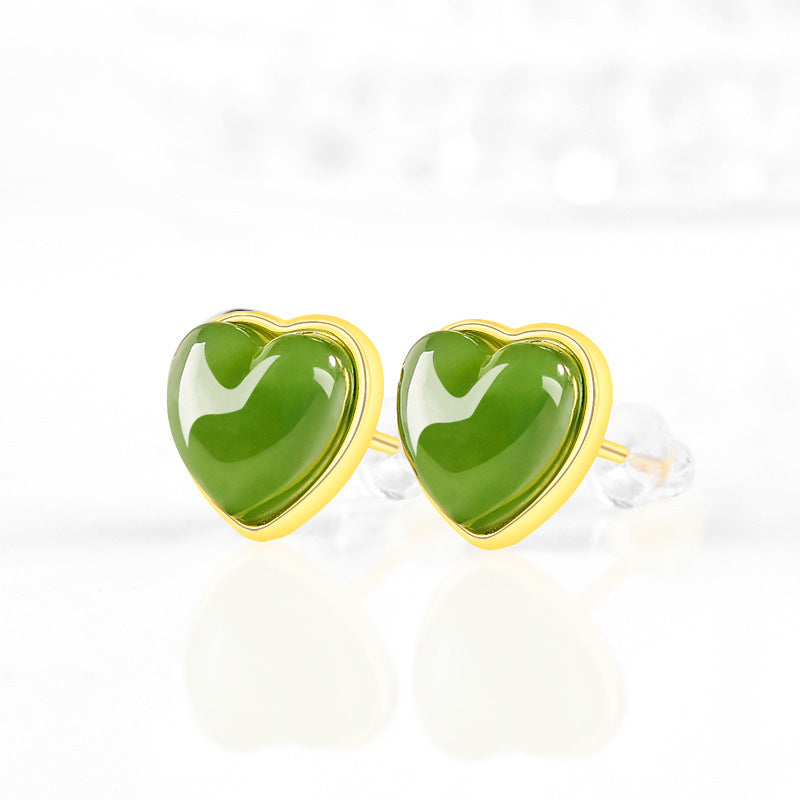 spinach green natural hetian jade heart earrings - s925 silver setting with minimalist design