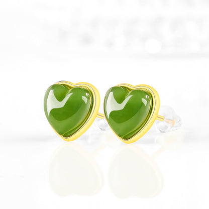 Spinach Green Natural Hetian Jade Heart Earrings - S925 Silver Setting with Minimalist Design