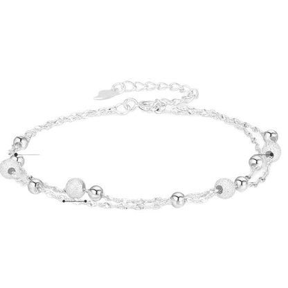 Dainty Double Layer Silver Tone Bracelet for Women Girls Gypsophila Sparkling Bead Bracelet Layered Cable Chain Minimalist Frosted Textured Shiny Round Bead Strand Stack Choker Clavicle Foot Wrist Jewelry Valentine Birthday Gift