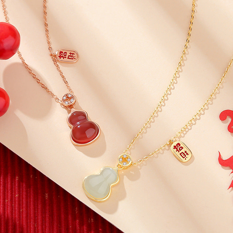 Stone Necklace - Chinese Gourd Pendant with Hetian Jade or Red Agate | STAR8S