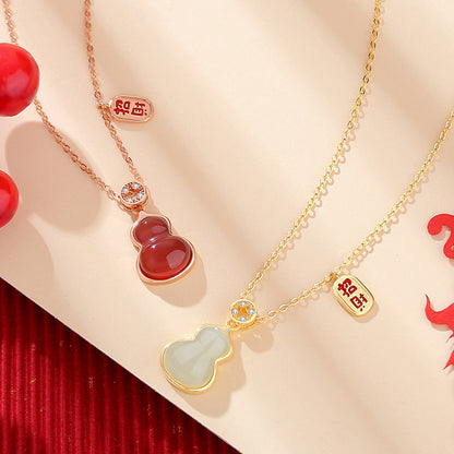 Stone Necklace - Chinese Gourd Pendant with Hetian Jade or Red Agate | STAR8S