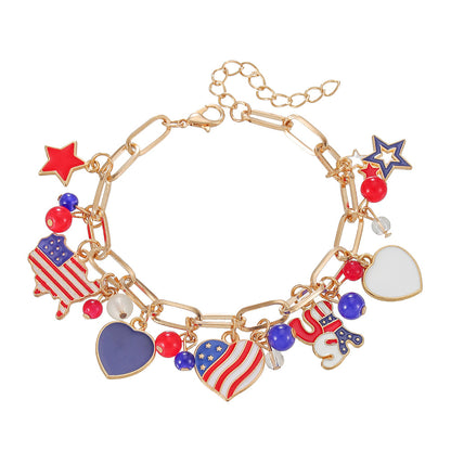 Patriotic USA Flag Charm Bracelet for Women Teen Girls 4th of July Jewelry Memorial Day Independence Day Gifts Red White and Blue Enamel Star Heart Olympic Sports Fan Link Chain Bracelet
