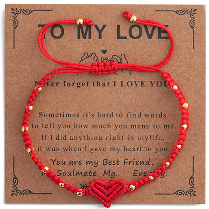Handmade Red String Bracelet for Women Girlfriend Couples Matching Woven Macrame Heart Charm Bracelet Gold Beaded Adjustable Rope Anniversary Valentine's Day Romantic Love Jewelry Gift with Card