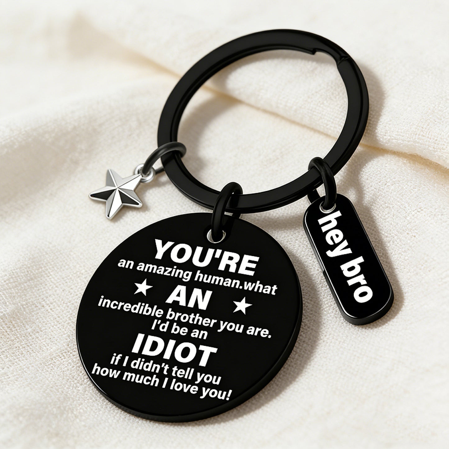 funny brother keychain gift from sister brother stainless steel black engraved round key ring charm pendant with star hey bro sign birthday graduation christmas motivational gag gift for men teens 1.17" 13.5g