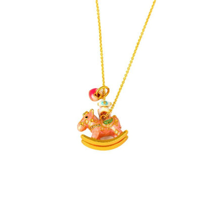 Chinese Zodiac Enamel Rocking Horse Necklace – Pink Macaron Style with High-Temperature Enamel and Gold Accents - STAR8S