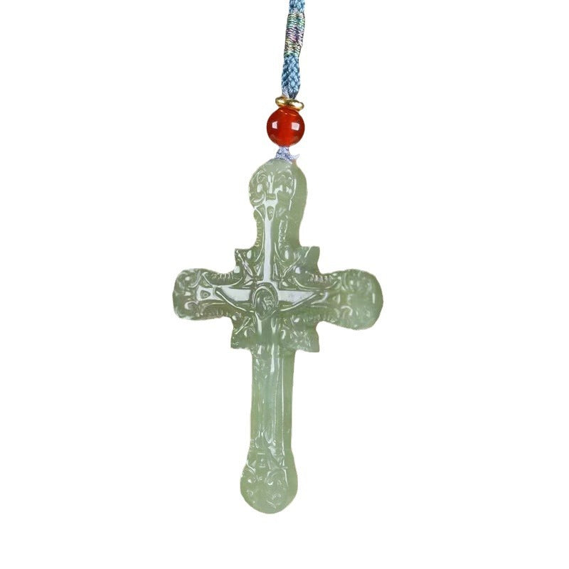 natural hetian jade cross necklace - men & women, green jade pendant gift