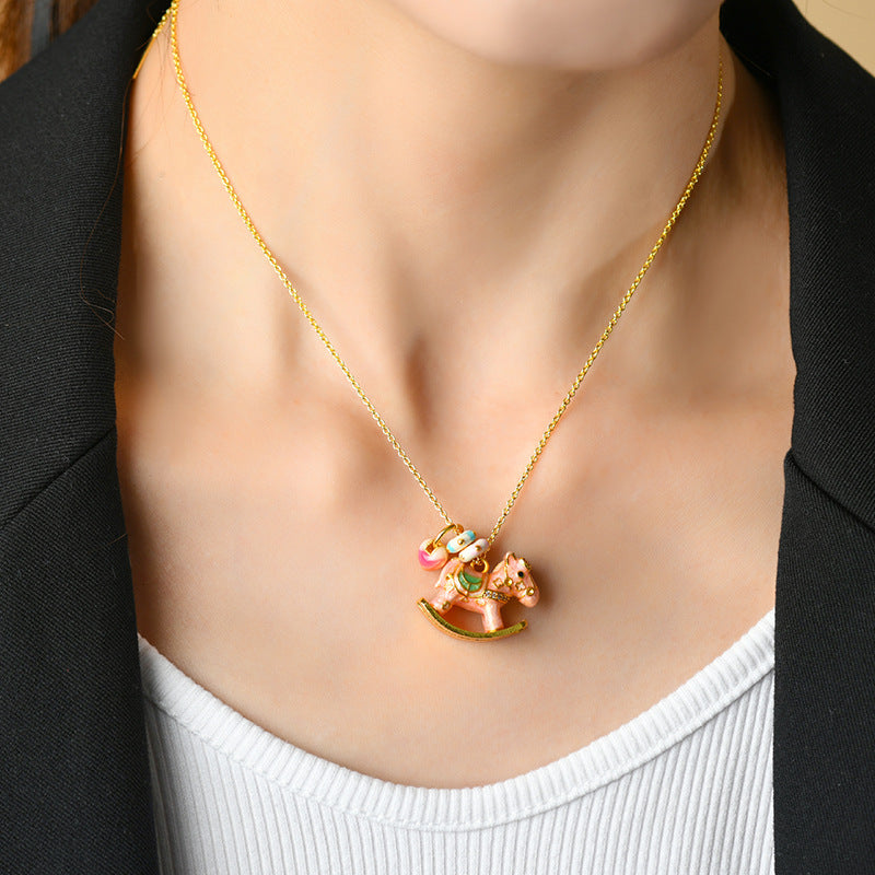 Chinese Zodiac Enamel Rocking Horse Necklace – Pink Macaron Style with High-Temperature Enamel and Gold Accents - STAR8S