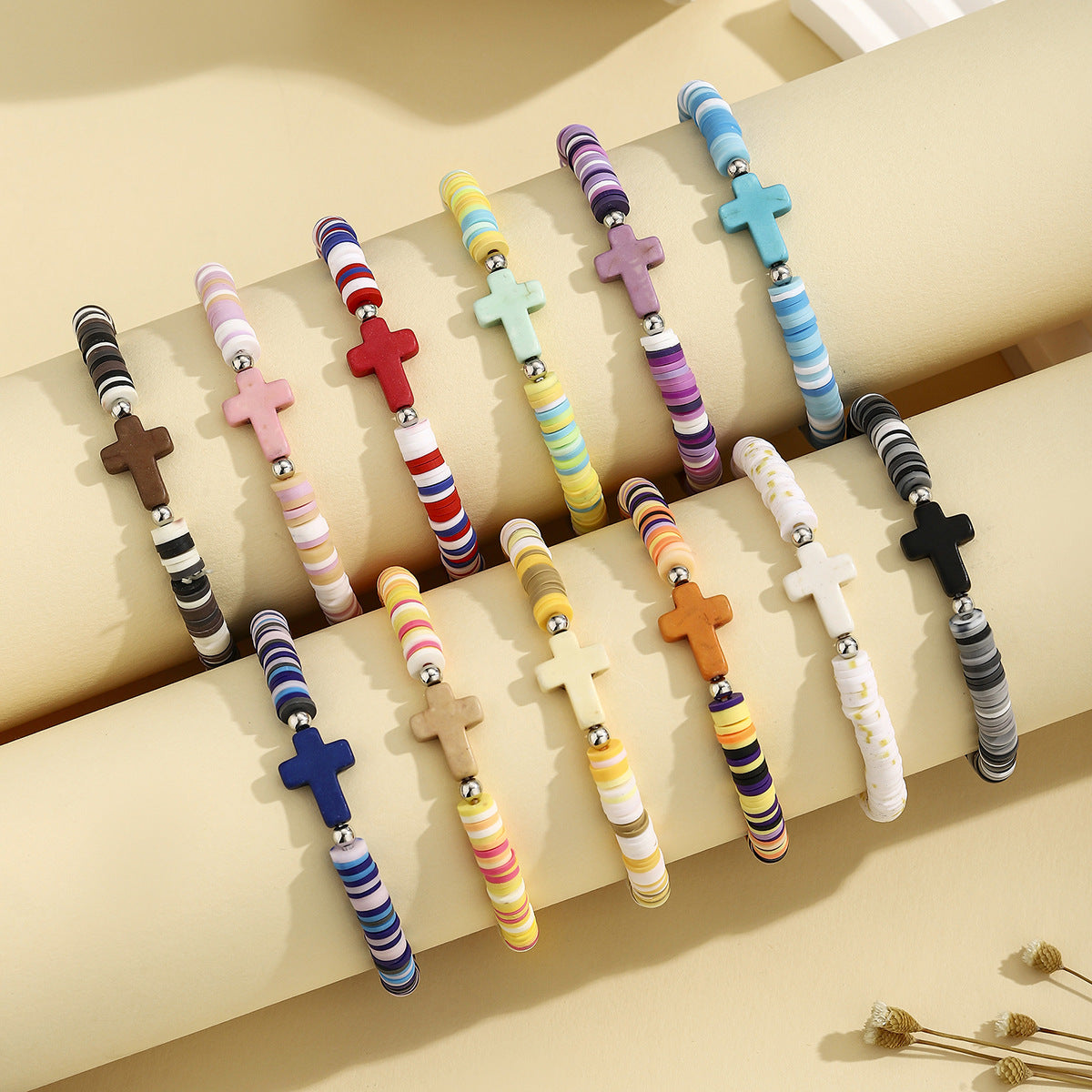 Turquoise Cross Bracelet Bohemian Colorful Polymer Clay Adjustable Stretch Bracelet - STAR8S