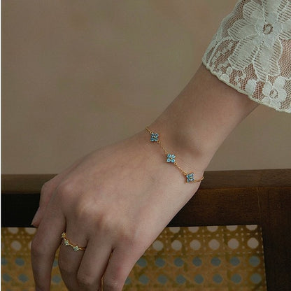Blue 925 Sterling Silver 18K Gold Plated Clover Flower Bracelet – Romantic and Elegant Design