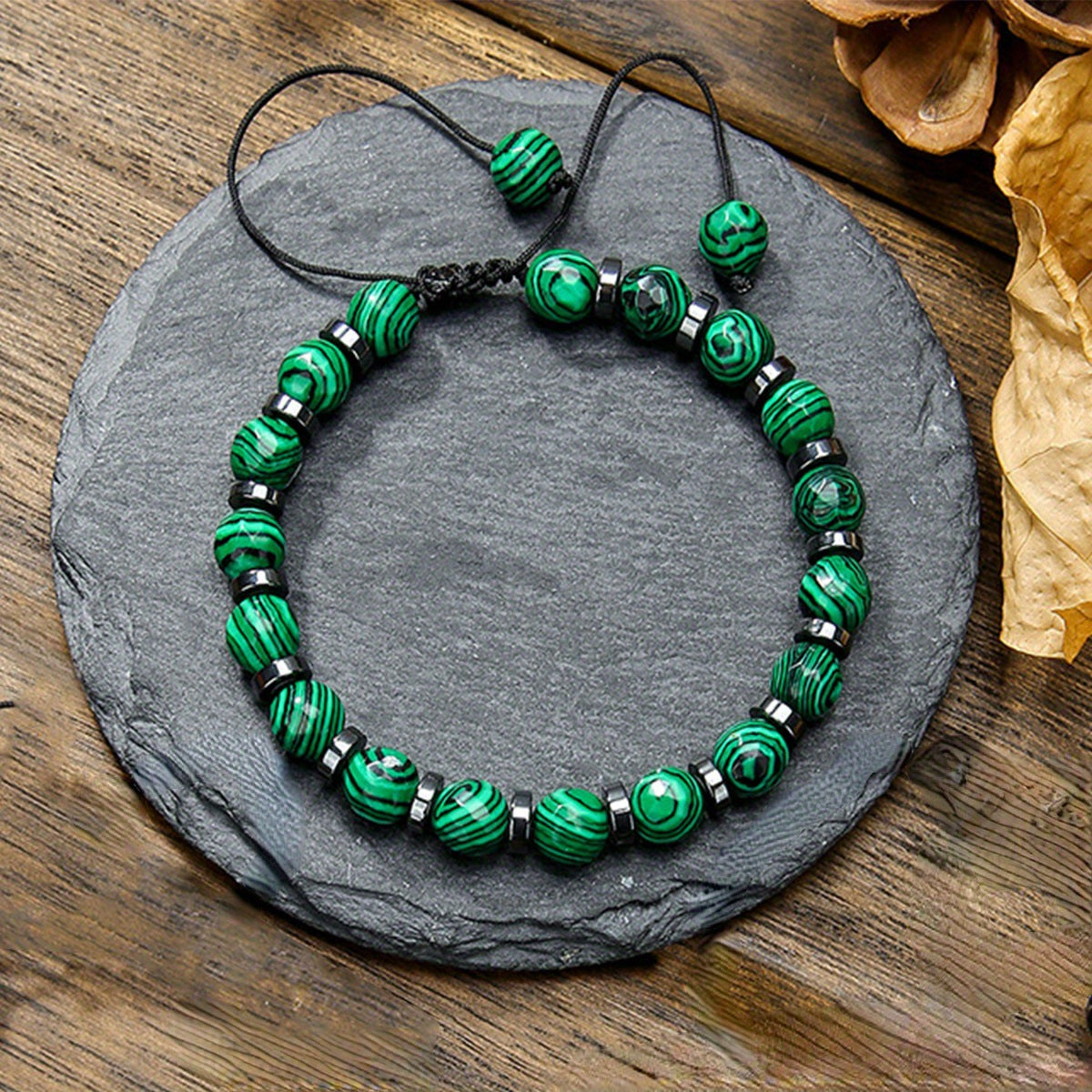green natural stone beaded bracelet, handmade adjustable cord with 8mm beads, boho summer jewelry for men and women