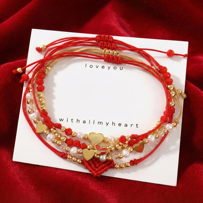 Boho Chic 4-Piece Red String & Gold-Tone Heart Bracelet Stack | Lightweight Adjustable Braided Cord Beaded Charm Bracelets Set Perfect for Daily Wear & Gifting