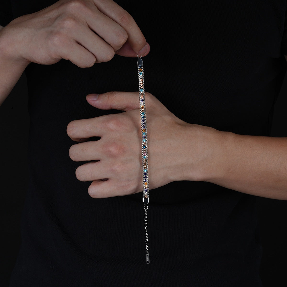 rainbow cuban-style chain bracelet for men and women, silver-tone double chain borders with multicolor faceted accents, lobster clasp and 2 inch extension, 6.5 inch bracelet, 0.2 inch width, colorful statement jewelry for everyday outfits and parties