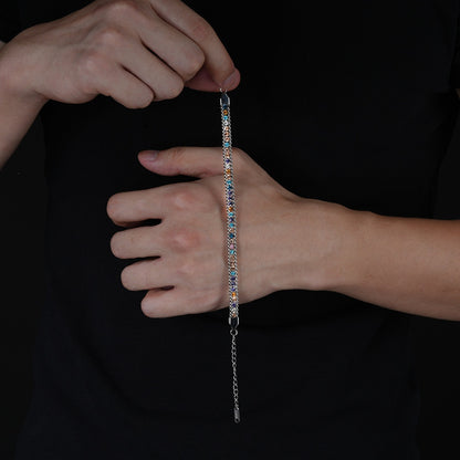 Rainbow Cuban-Style Chain Bracelet for Men and Women, Silver-Tone Double Chain Borders with Multicolor Faceted Accents, Lobster Clasp and 2 Inch Extension, 6.5 Inch Bracelet, 0.2 Inch Width, Colorful Statement Jewelry for Everyday Outfits and Parties