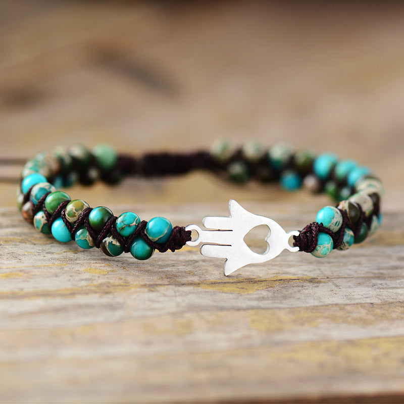 turquoise boho braided bracelet with heart tree and hand charm – handmade women's jewelry - star8s