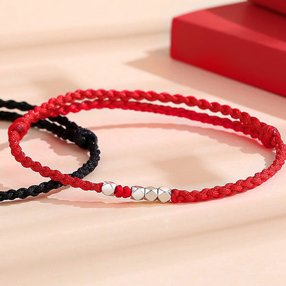 Silver Couples Braided Bracelet | Handmade Red String Bracelet with 925 Sterling Silver Beads