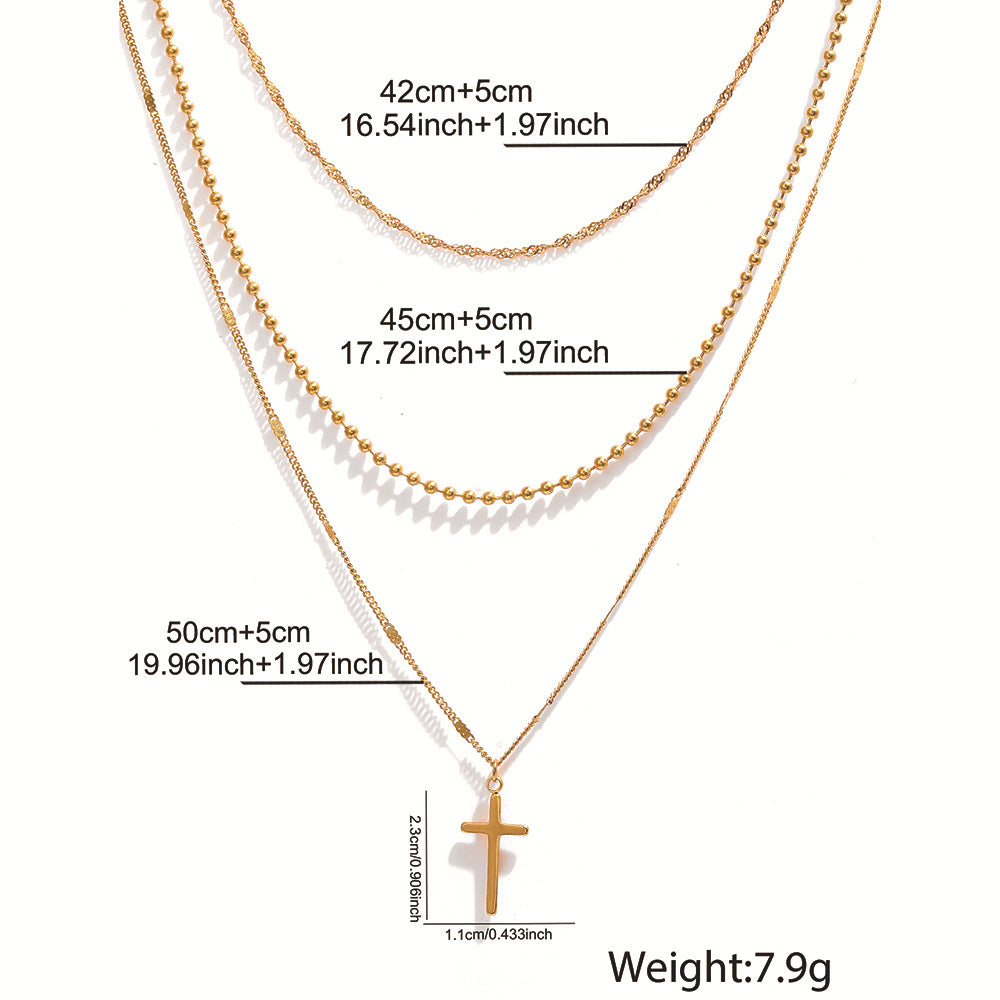stainless steel layered cross necklace for women gold tone multi strand layered chain necklace dainty bead ball chain twisted wave choker christian cross pendant faith jewelry gift