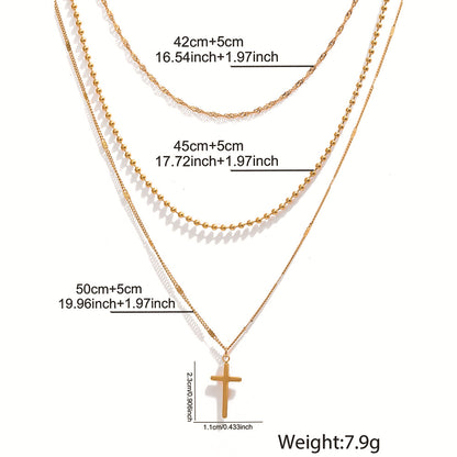 Stainless Steel Layered Cross Necklace for Women Gold Tone Multi Strand Layered Chain Necklace Dainty Bead Ball Chain Twisted Wave Choker Christian Cross Pendant Faith Jewelry Gift