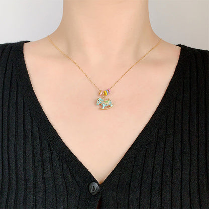 Chinese Zodiac Horse Silver Necklace – S925 Enamel Macaron Color Rocking Horse Pendant - STAR8S