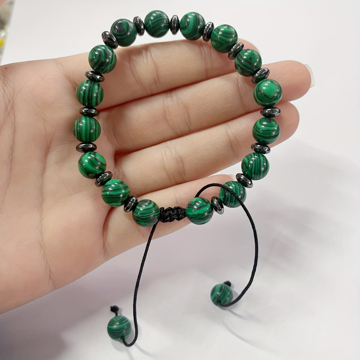 green natural stone beaded bracelet, handmade adjustable cord with 8mm beads, boho summer jewelry for men and women