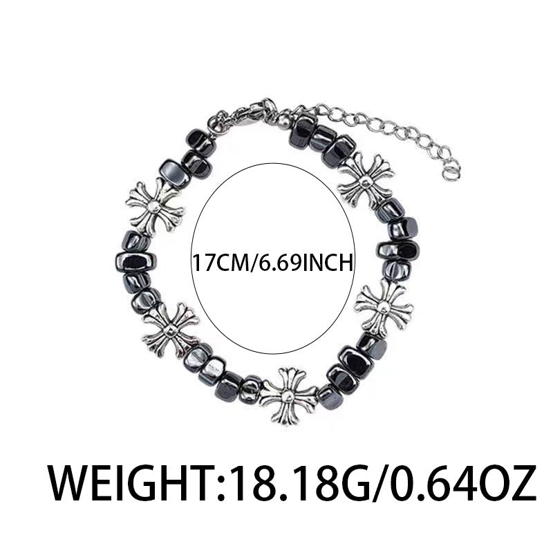 gothic cross beaded bracelet for men women natural black hematite stone irregular tumbled beads bracelet y2k hip hop punk rock wristband retro chrome floral crosses jewelry gif