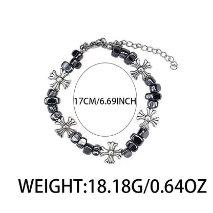 Gothic Cross Beaded Bracelet for Men Women Natural Black Hematite Stone Irregular Tumbled Beads Bracelet Y2K Hip Hop Punk Rock Wristband Retro Chrome Floral Crosses Jewelry Gif