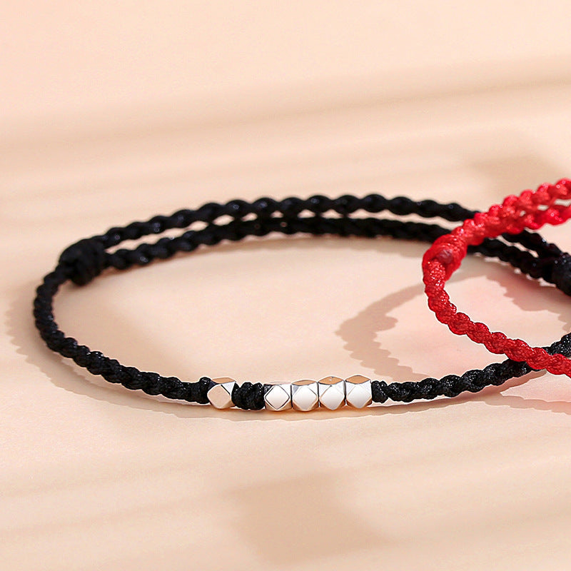 silver couples braided bracelet | handmade red string bracelet with 925 sterling silver beads