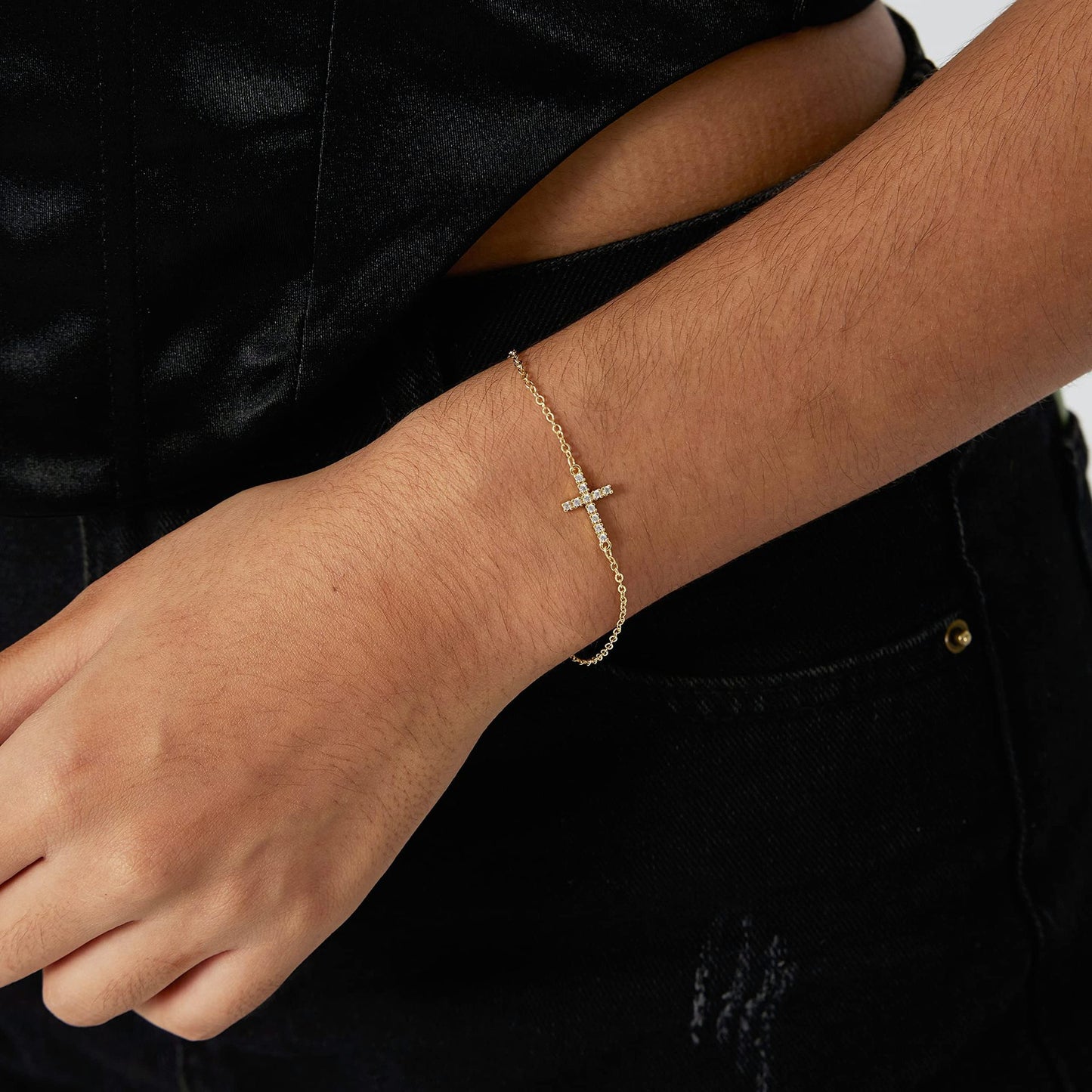 gold-tone cross brass bracelet for women dainty sideways cross chain bracelet sparkly cubic zirconia faith charm jewelry gift adjustable lobster clasp