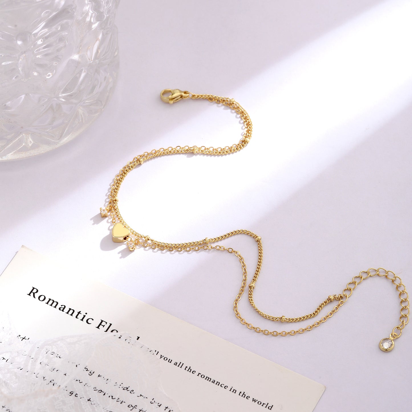 gold-tone double-layer heart anklet for women, electroplated brass adjustable zircon charm ankle bracelet, dainty summer foot jewelry
