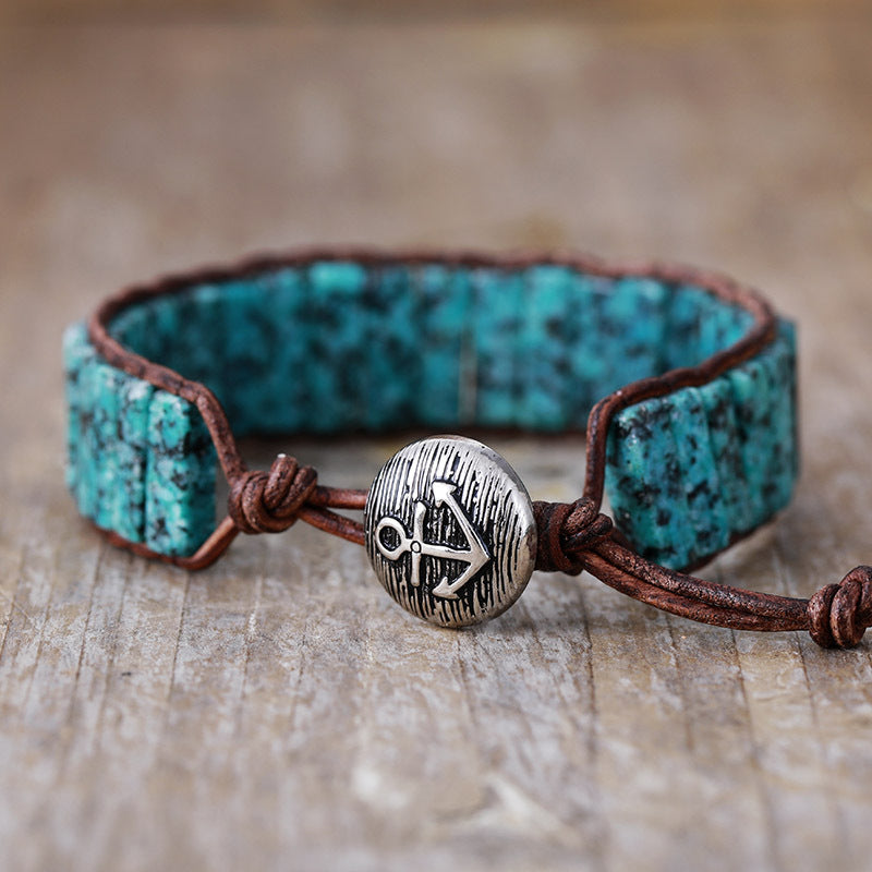 Vintage Malachite Beaded Leather Bracelet – Handmade Woven Stone & Leather Wristband - STAR8S