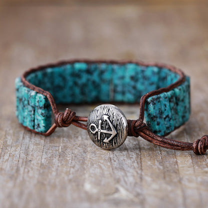 Vintage Malachite Beaded Leather Bracelet – Handmade Woven Stone & Leather Wristband - STAR8S
