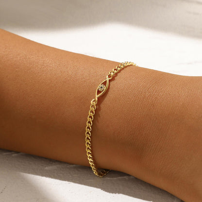 Copper-Plated Evil Eye Curb Chain Bracelet Brass Cubic Zirconia Protection Jewelry Minimalist Trendy Layering Wristband Gift for Her