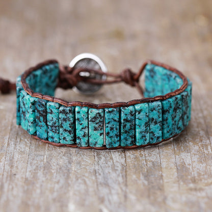 Vintage Malachite Beaded Leather Bracelet – Handmade Woven Stone & Leather Wristband - STAR8S