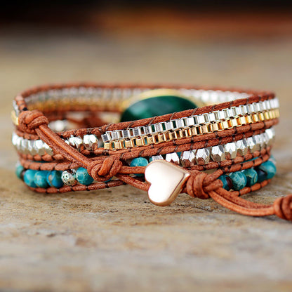 Natural Malachite 3-Wrap Leather Braided Bracelet - Fashion Jewelry for Women - STAR8S