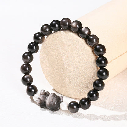 Silver Obsidian Bear Bracelet – Minimalist Black Gemstone Beaded Bracelet for Men & Women - STAR8S