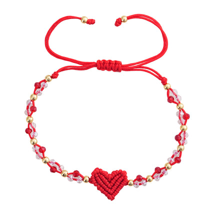 Handmade Red String Bracelet for Women Girlfriend Couples Matching Woven Macrame Heart Charm Bracelet Crystal Beaded Adjustable Rope Anniversary Valentine's Day Romantic Love Jewelry Gift with Card