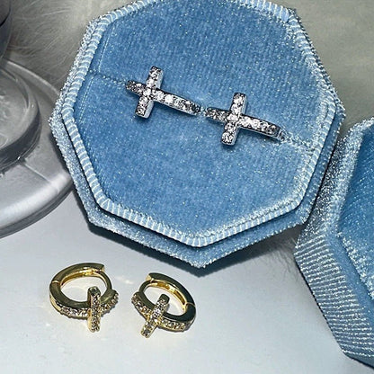 S925 Sterling Silver Gold Plated Zircon Cross Mini Hoop Earrings – Elegant & Trendy - STAR8S