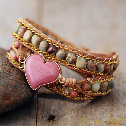 Rhodonite Heart Bracelet – Handmade 3-Layer Braided Leather Wrap Bracelet for Women - STAR8S
