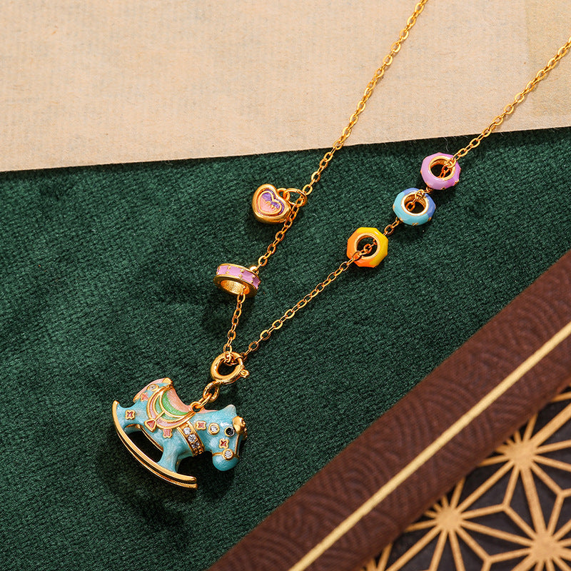 chinese zodiac horse silver necklace – s925 enamel macaron color rocking horse pendant - star8s