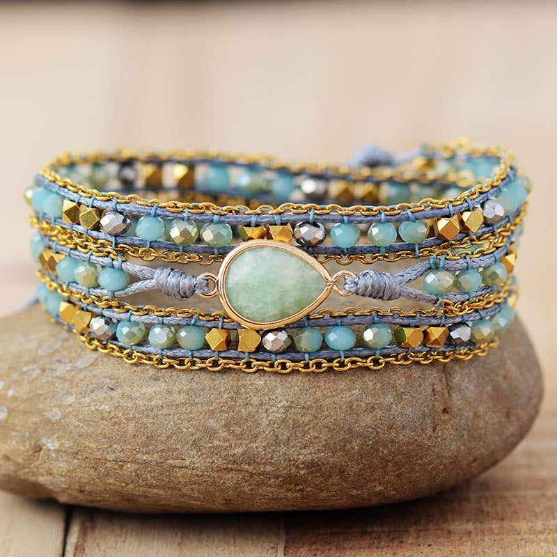 amazonite boho wrap leather bracelet – handmade multi layer crystal beaded bracelet - star8s