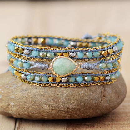 Amazonite Boho Wrap Leather Bracelet – Handmade Multi Layer Crystal Beaded Bracelet - STAR8S