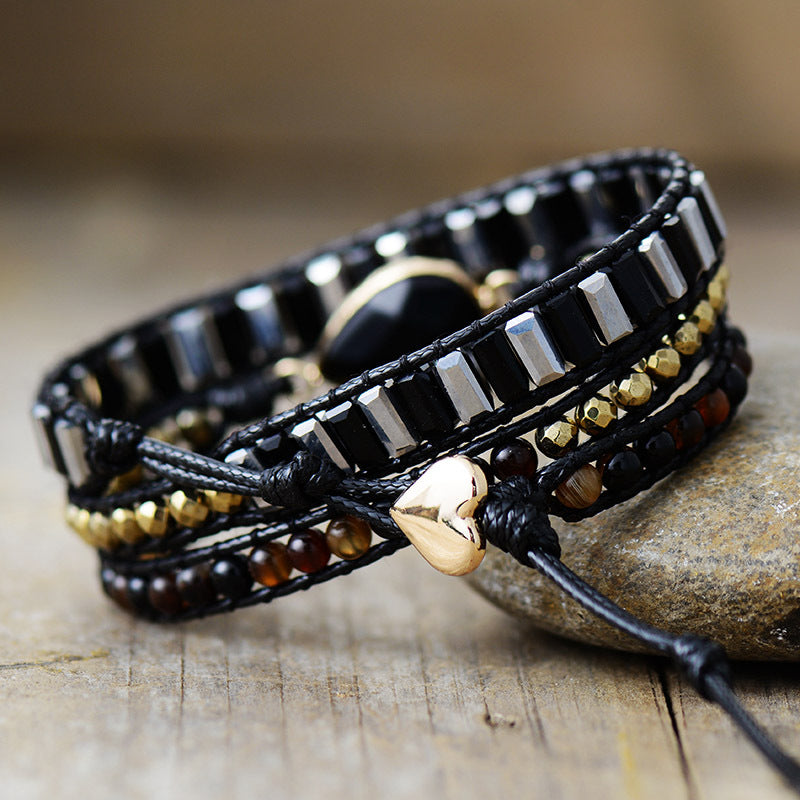 Obsidian Braided Wrap Bracelet - Handcrafted Leather and Crystal Bracelet for Women - STAR8S