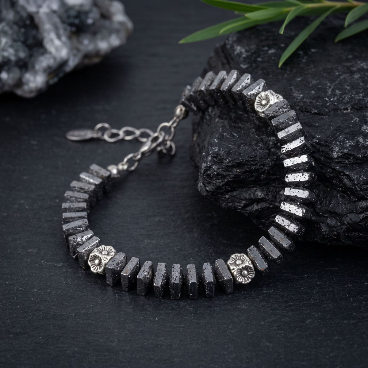 men's square lava stone beaded bracelet with silver-tone accents and adjustable extender