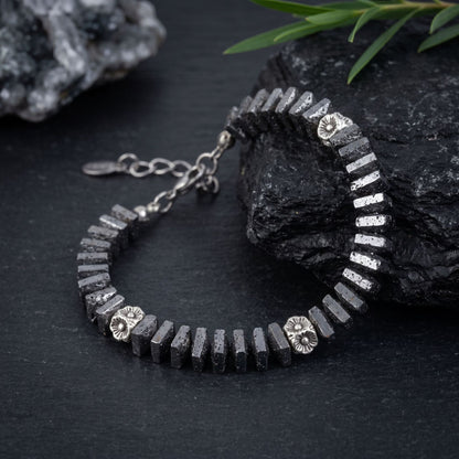Men's Square Lava Stone Beaded Bracelet with Silver-Tone Accents and Adjustable Extender
