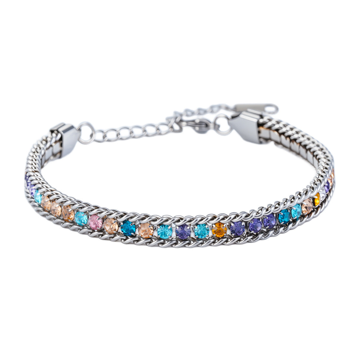 rainbow cuban-style chain bracelet for men and women, silver-tone double chain borders with multicolor faceted accents, lobster clasp and 2 inch extension, 6.5 inch bracelet, 0.2 inch width, colorful statement jewelry for everyday outfits and parties