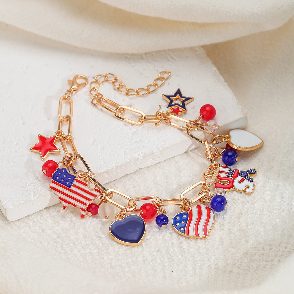patriotic usa flag charm bracelet for women teen girls 4th of july jewelry memorial day independence day gifts red white and blue enamel star heart olympic sports fan link chain bracelet