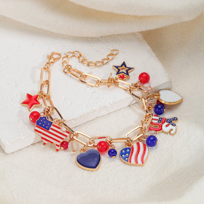 Patriotic USA Flag Charm Bracelet for Women Teen Girls 4th of July Jewelry Memorial Day Independence Day Gifts Red White and Blue Enamel Star Heart Olympic Sports Fan Link Chain Bracelet