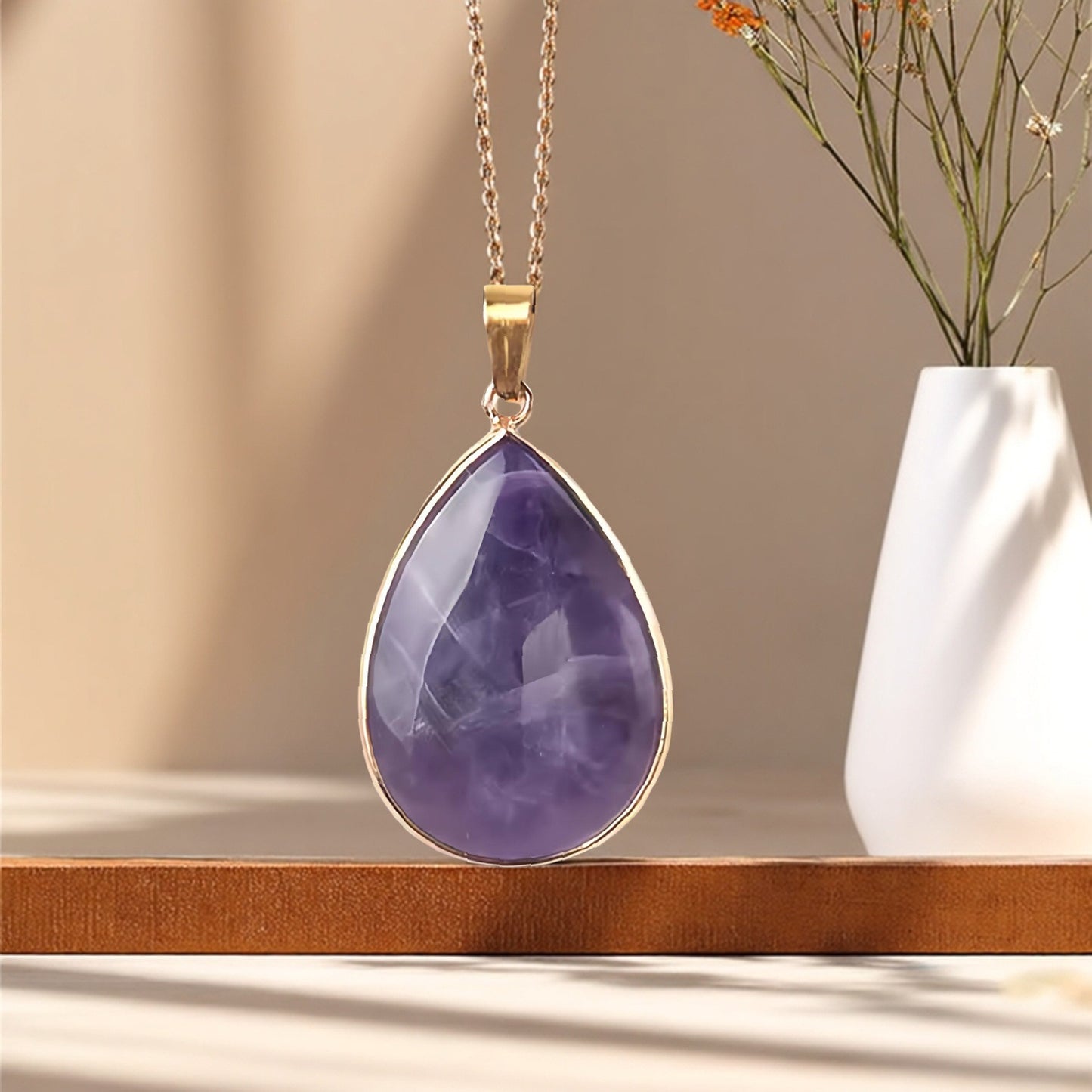 natural crystal stone teardrop pendant necklace – amethyst, tiger eye, labradorite, redstone, white turquoise, green aventurine - star8s