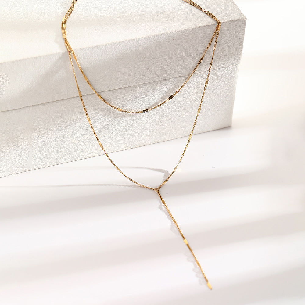 stainless steel layered y necklace for women gold tone double strand lariat necklace dainty lip chain textured bar tassel pendant sexy cleavage choker body jewelry gift