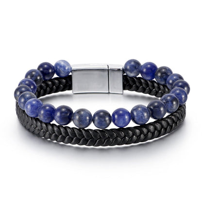 Men’s Beaded Stone Bracelet - Tiger Eye Beads with Genuine Leather Cord - Natural Stone and Agate Bracelet - STAR8S